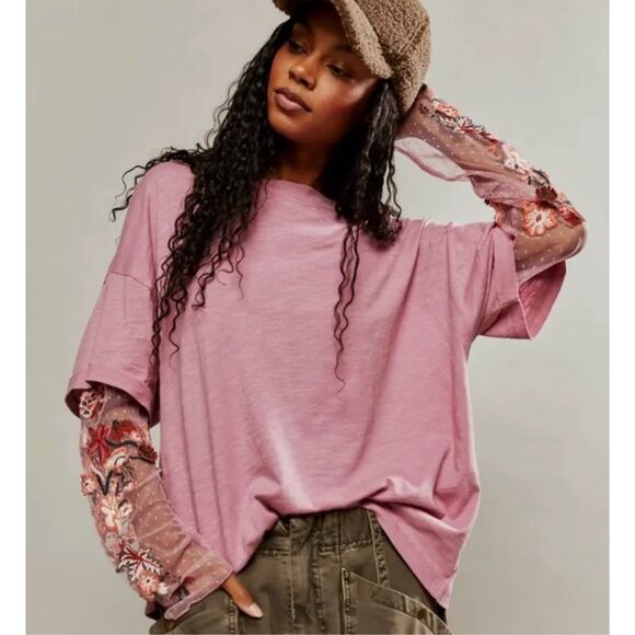Free People Tops - Free People Gardener Layered Look Tee Embellished Lace Sleeves